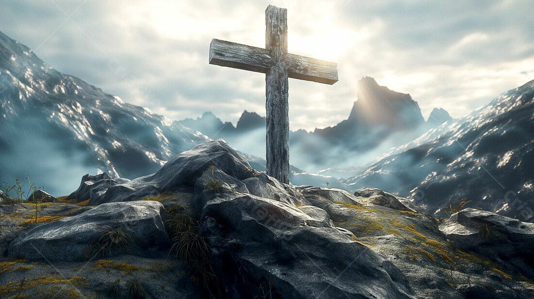 Cruz de madeira em montanha rochosa ao amanhecer