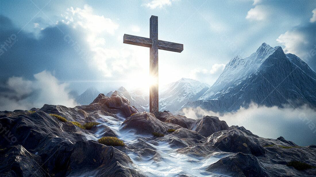 Cruz de madeira em montanhas nevadas ao amanhecer