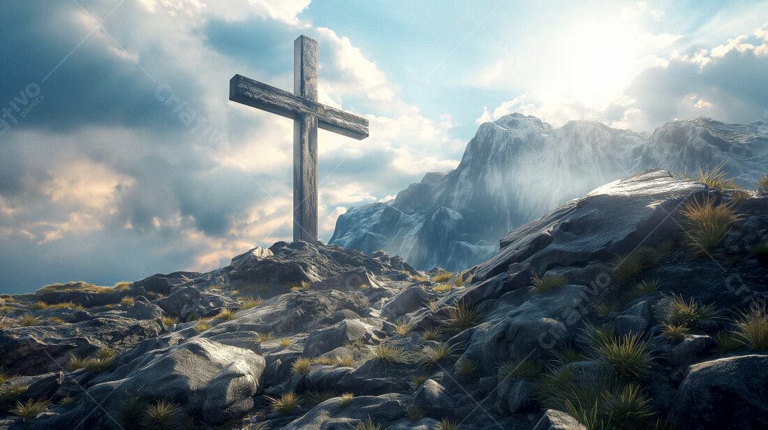 Cruz de madeira em montanha nevada