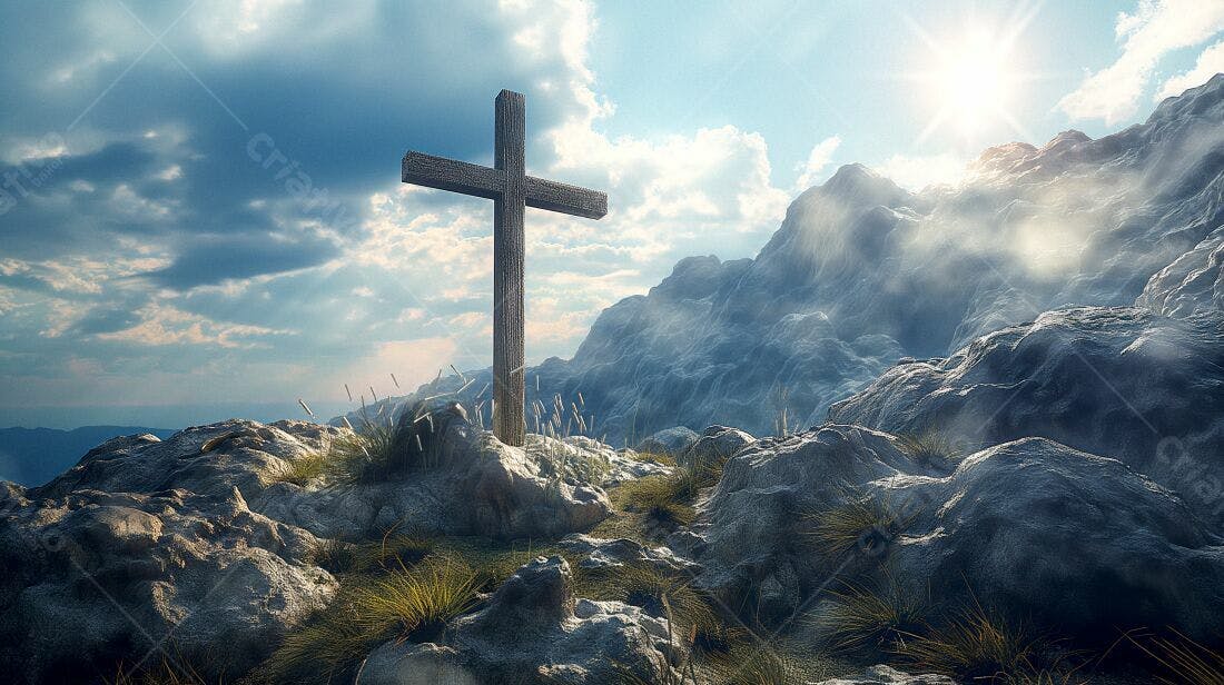 Cruz de madeira em montanha rochosa