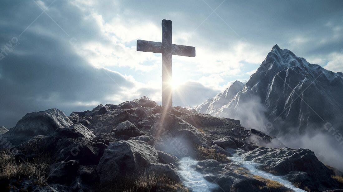 Cruz de pedra em montanha nevada ao amanhecer