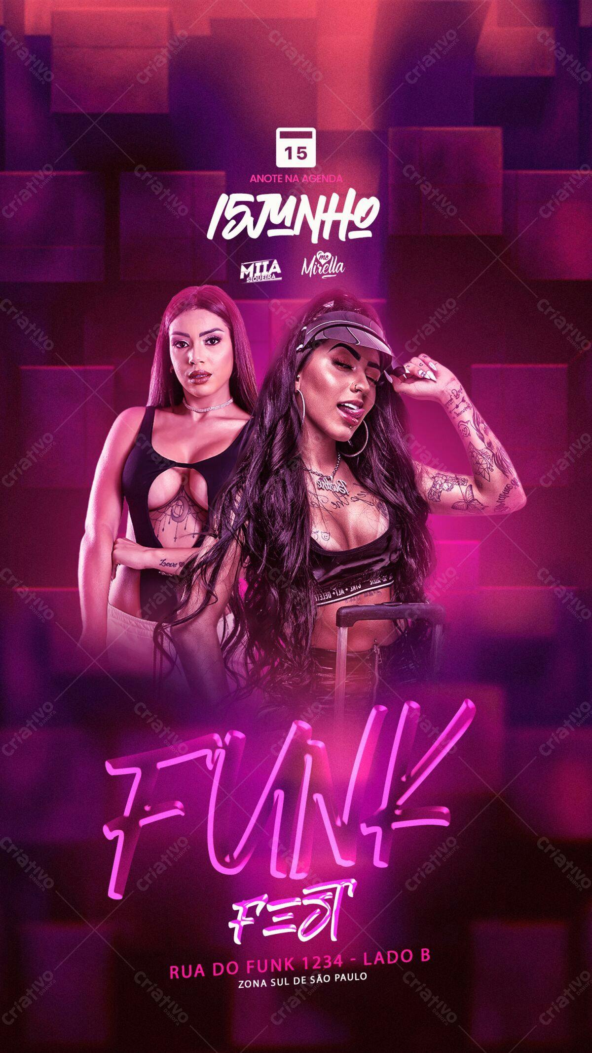 Flyer Festa Funk com MCs Mia e Mirella PSD Editável