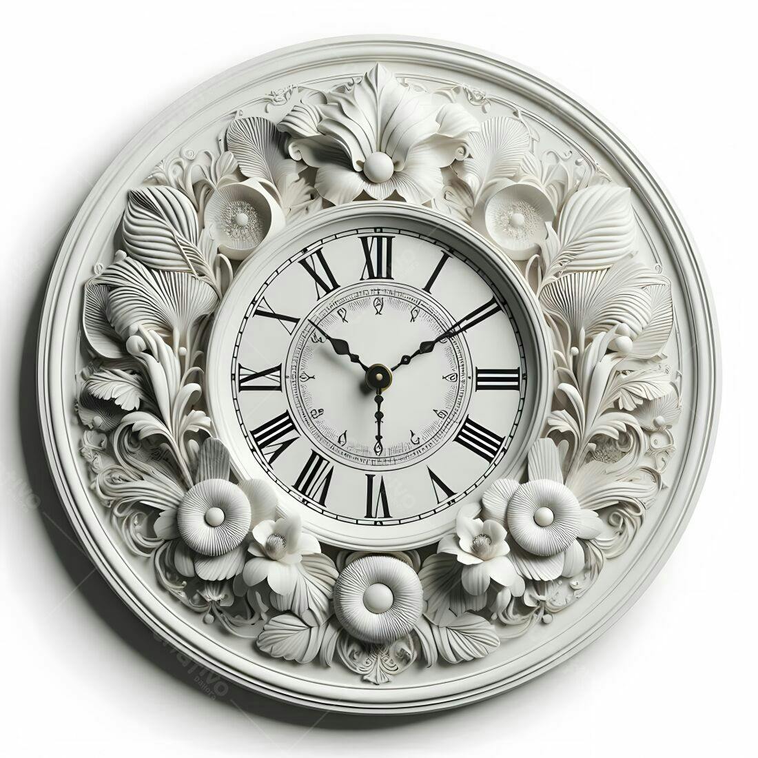 Relógio de parede branco estilo vintage com detalhes florais