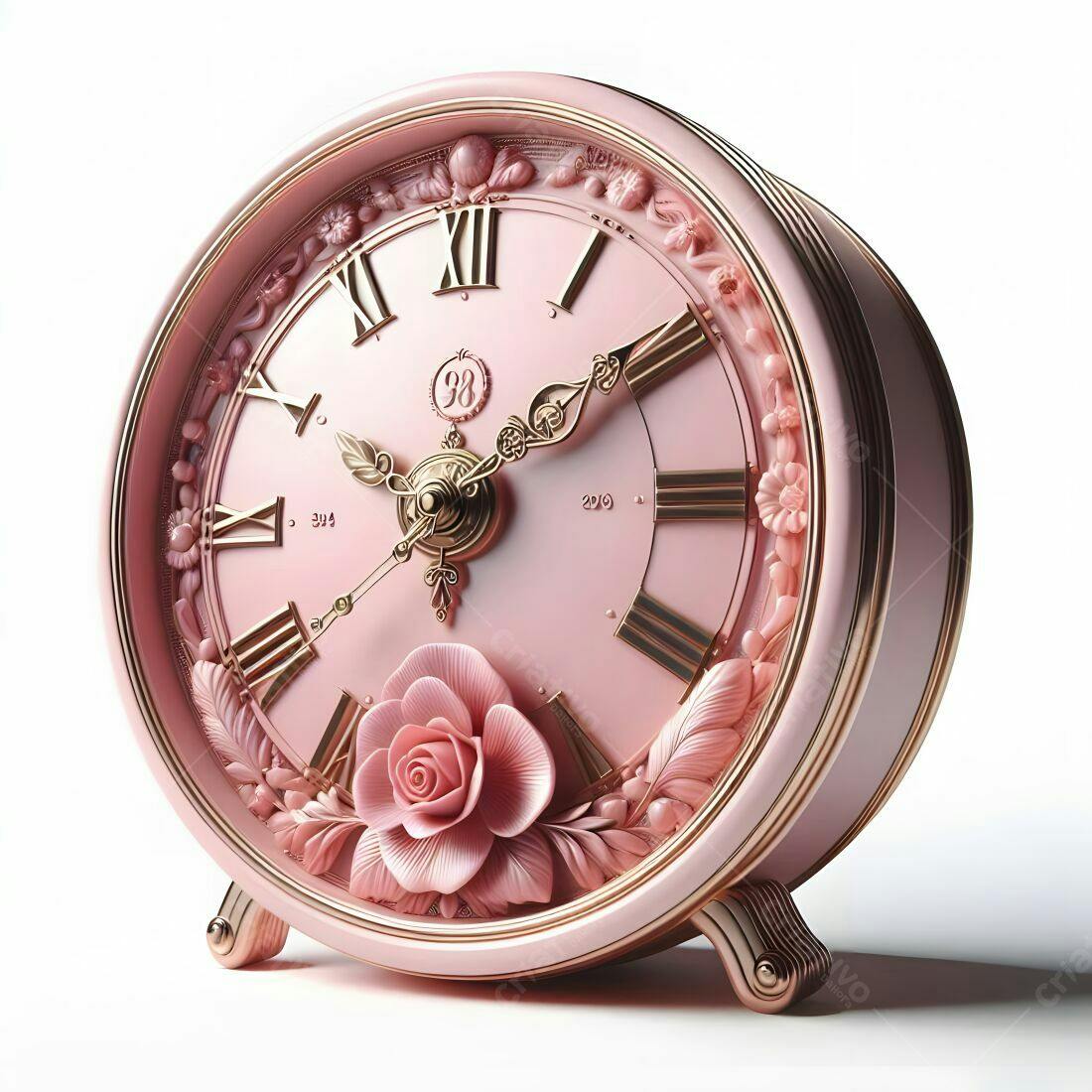 Relógio Rosa com Detalhes em Ouro e Flores