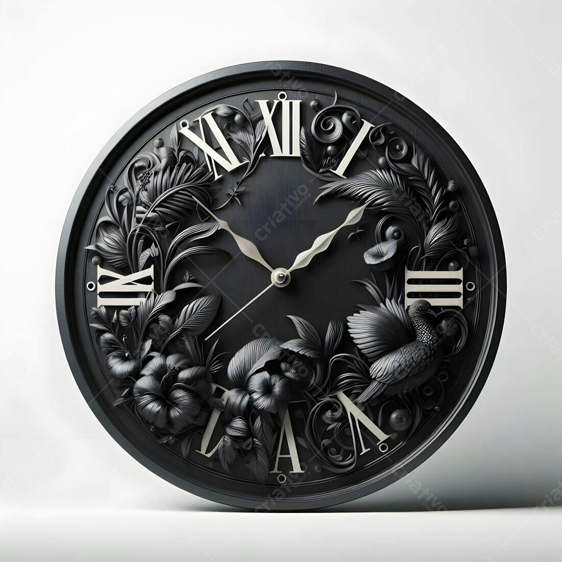 Relógio de parede preto com design floral