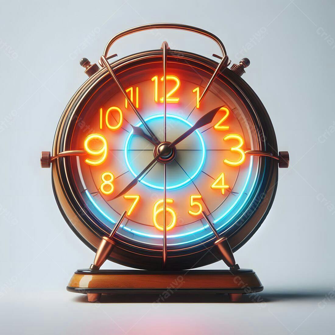 Relógio retrô com iluminação neon laranja e azul