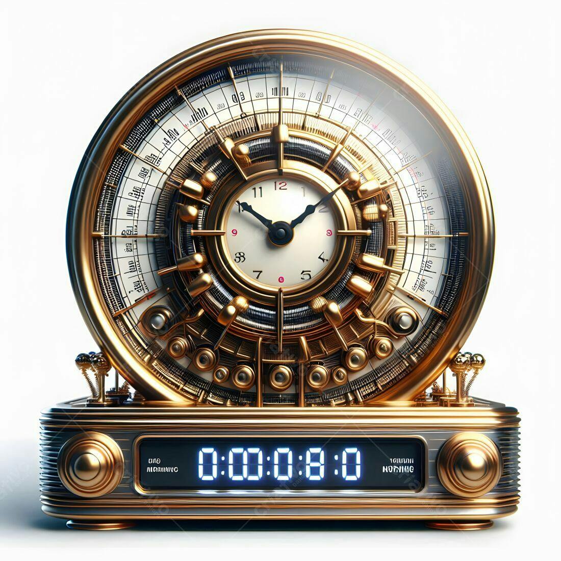 Relógio steampunk dourado e antigo com mostrador digital