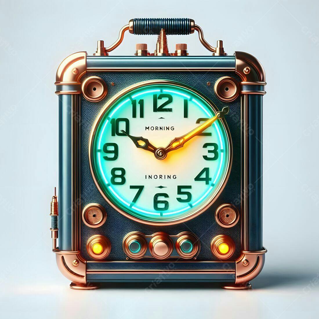 Relógio steampunk azul e cobre com mostrador neon