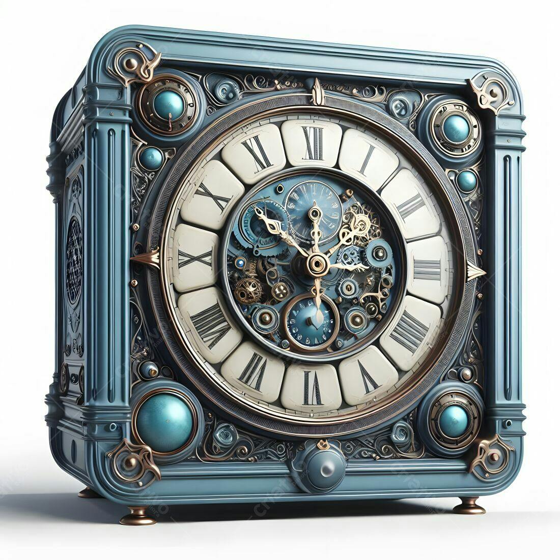 Relógio steampunk azul e dourado detalhes mecânicos
