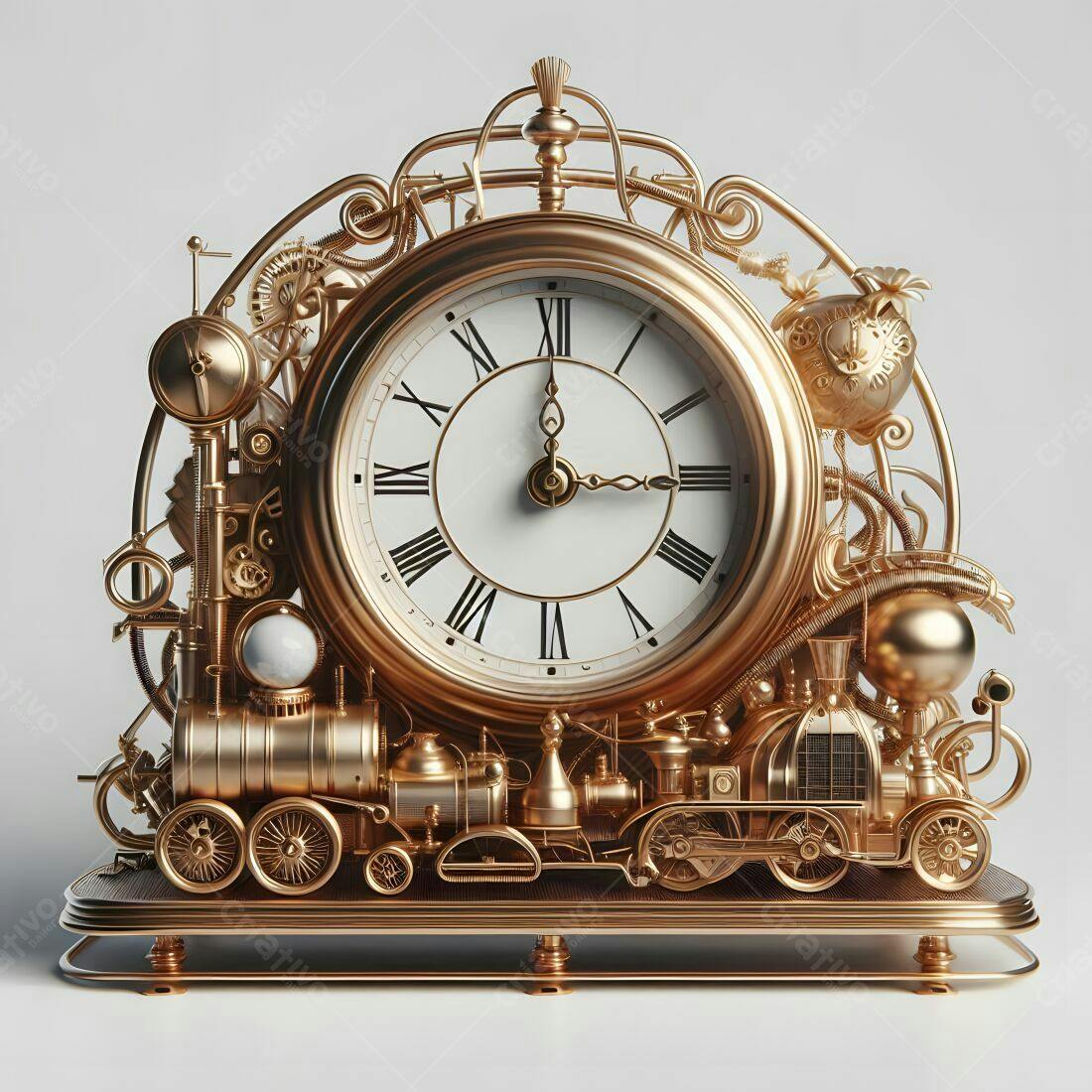 Relógio steampunk dourado com trem