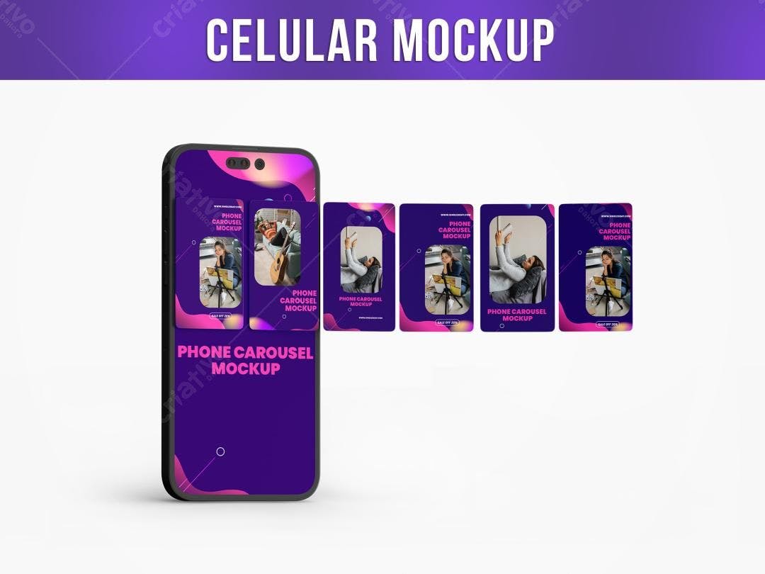 Mockup Celular com Stories: Design Moderno Roxo e Pink