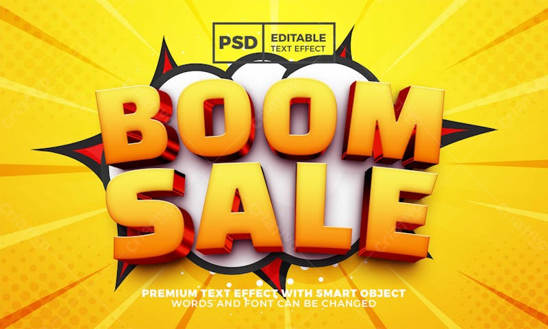 Boom sale 3d efeito de texto psd editável estilo moderno