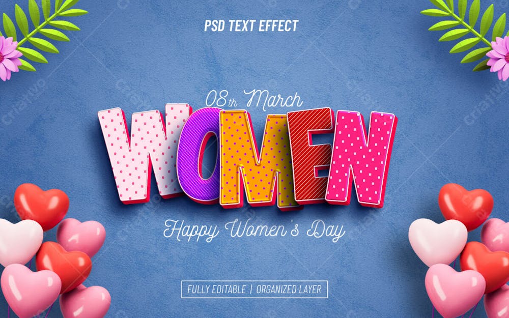 Efeito De Texto Psd Editável Em 3D Do Dia Da Mulher Estilo Moderno