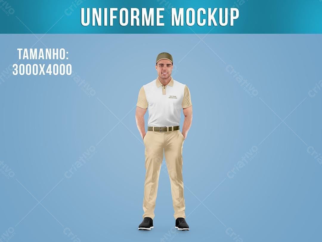 Mockup Uniforme: Modelo Masculino Bege e Branco