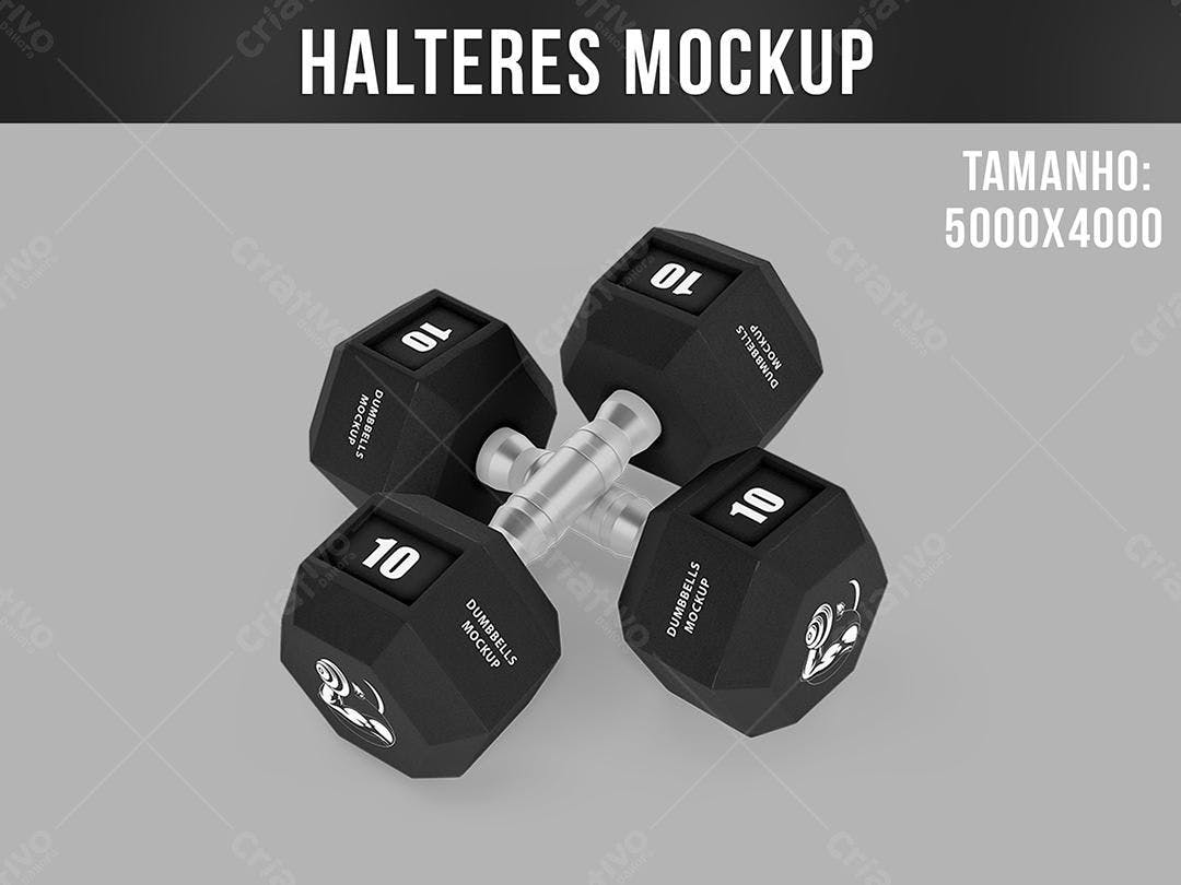 Mockup Realista de Halteres Hexagonais Pretos