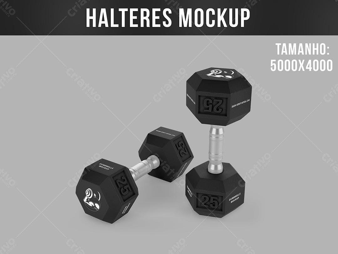 Mockup de Halteres Hexagonais: Design Moderno em Preto e Prata