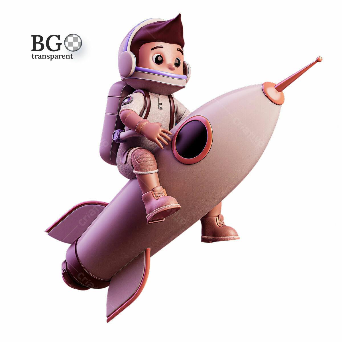 Ilustração Astronauta Criança Foguete PSD Editável