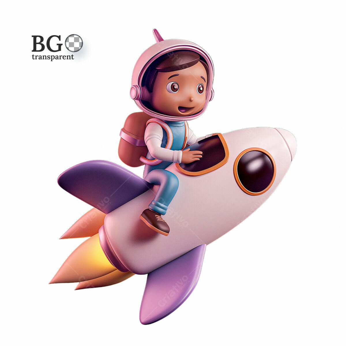 Ilustração Menino Astronauta em Foguete PSD Editável