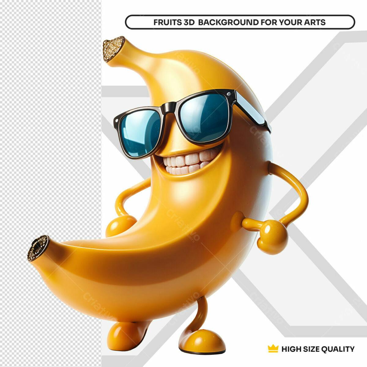 Background Frutas 3D Banana Estilo Cartoon PSD Editável