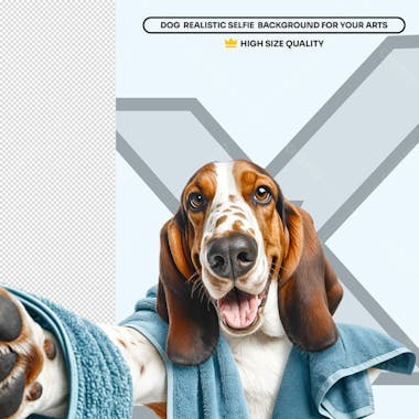Cachorro basset hound tirando uma selfie social media petshop element
