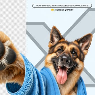 Cachorro pastor alemão tirando uma selfie ropupão azul social media petshop element