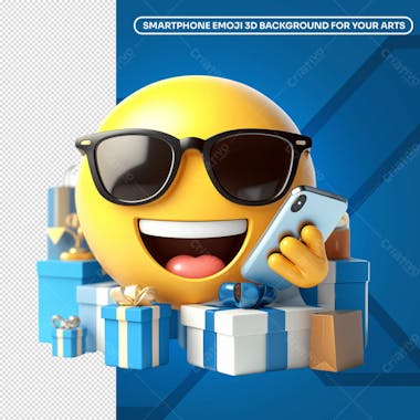 Emoji 3d cercado de presentes segurando smartphone