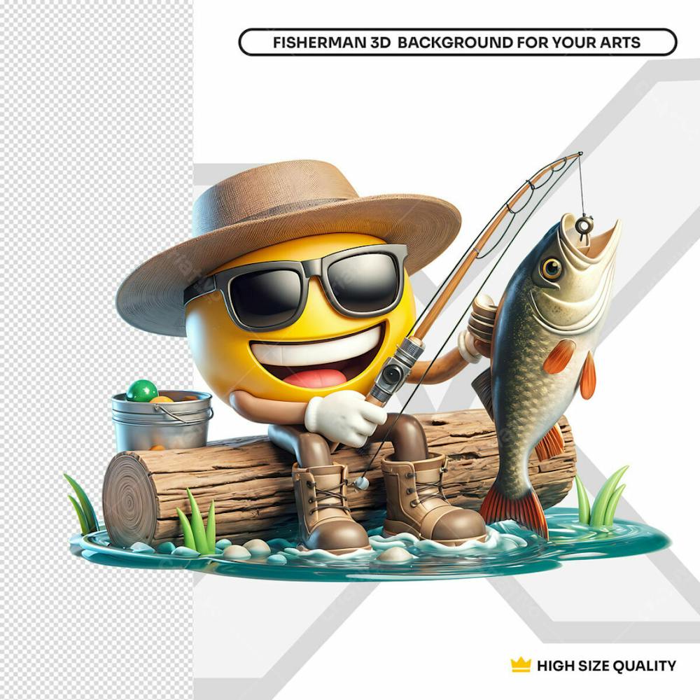 Emoji 3D Pescador De Chapéu E Óculos Fisgando Peixe