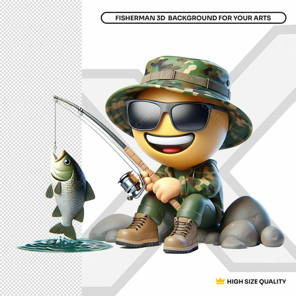 Emoji 3D Pescador De Roupa Camuflada Fiscando Peixe