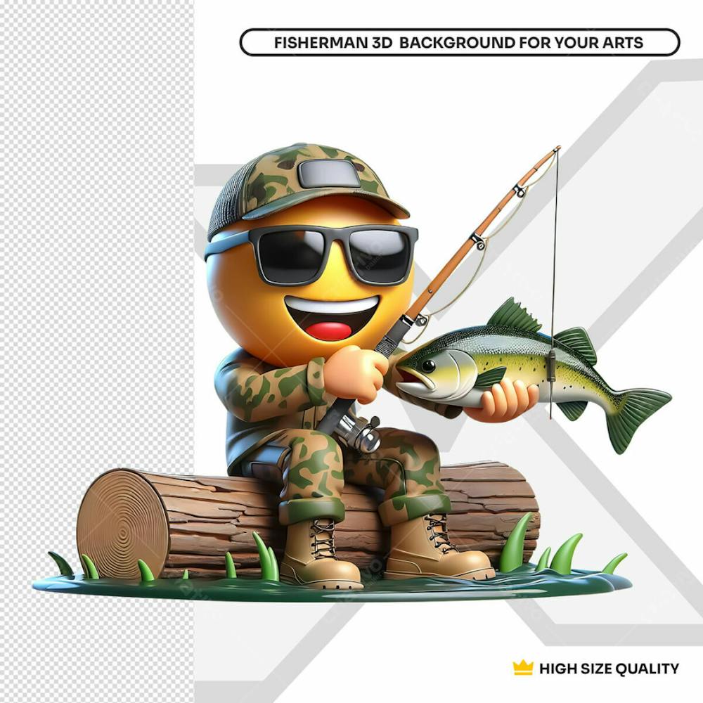 Emoji 3D Pescador Feliz De Roupa Camuflada Segurando Peixe