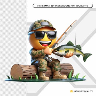 Emoji 3d pescador feliz de roupa camuflada segurando peixe