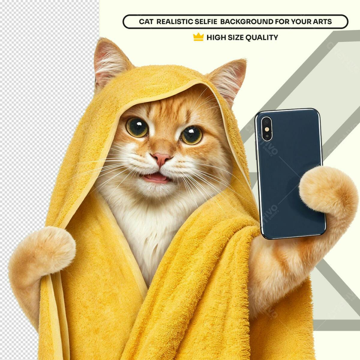 Background Gato Selfie com Toalha Amarela PSD Editável