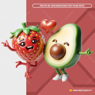 Morango e abacate 3d sorridentes apaixonados