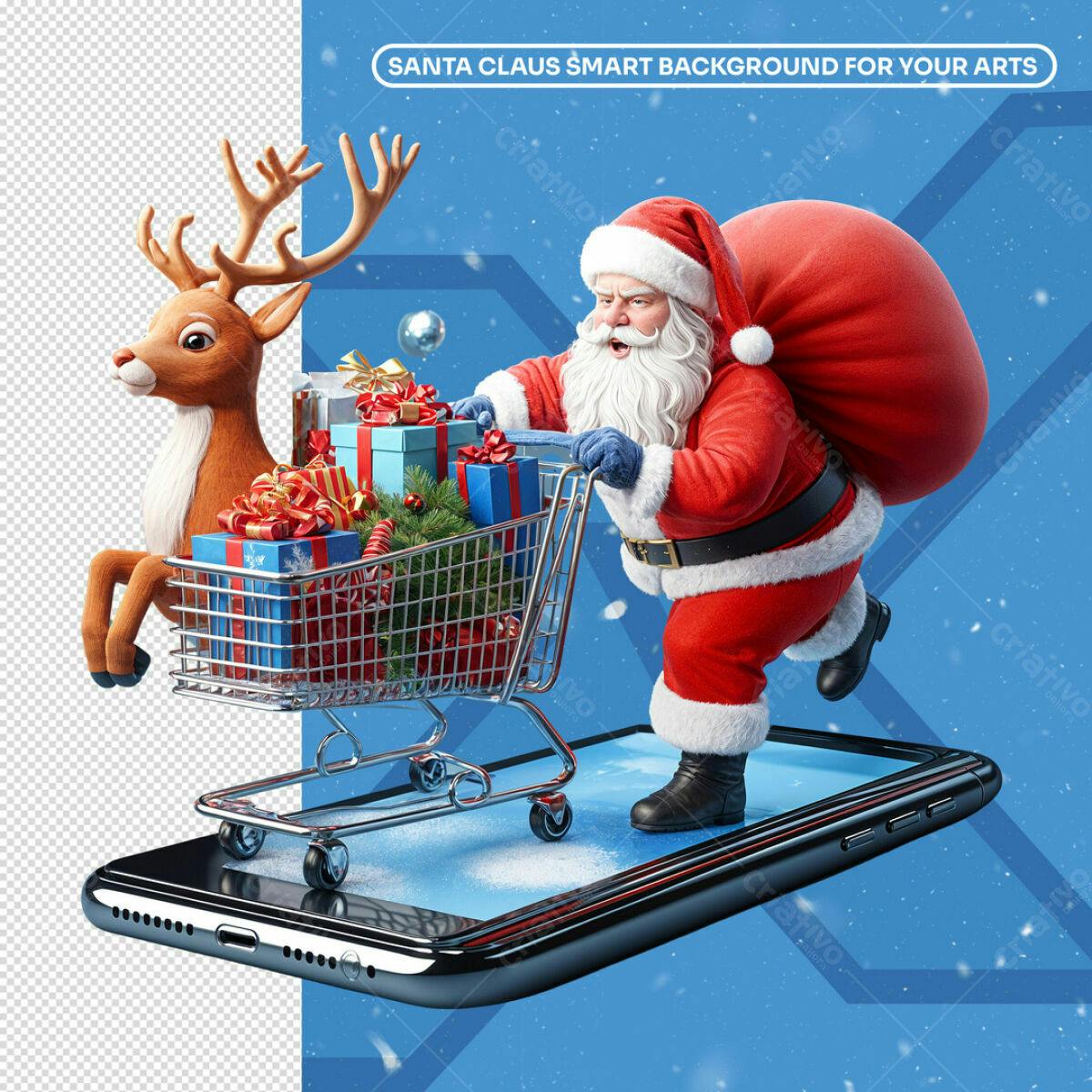 Background Natalino Papai Noel e Rena Carrinho PSD Editável