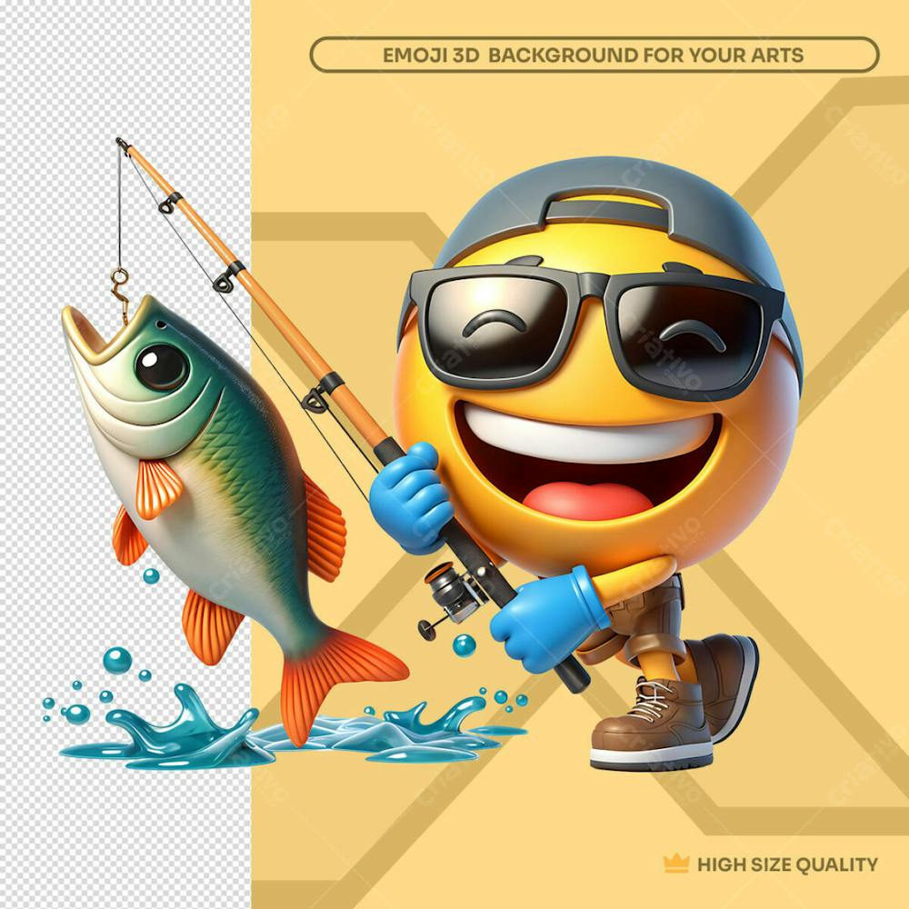 Pescador 3D Emoji Com Óculos Boné Para Trás Com Peixe Fisgado