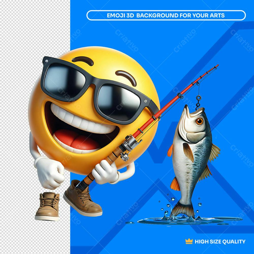 Pescador 3D Emoji Feliz Com Peixe Fisgado