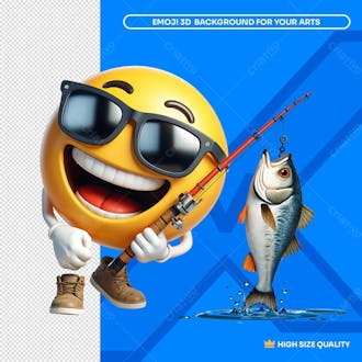 Pescador 3d emoji feliz com peixe fisgado