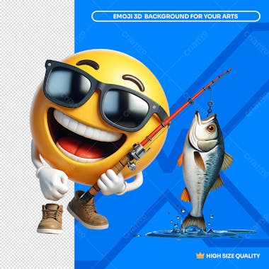 Pescador 3d emoji feliz com peixe fisgado