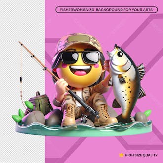 Pescadora 3d feliz com óculos segurando peixe sentada na pedra