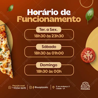 Horário de funcionamento pizzaria