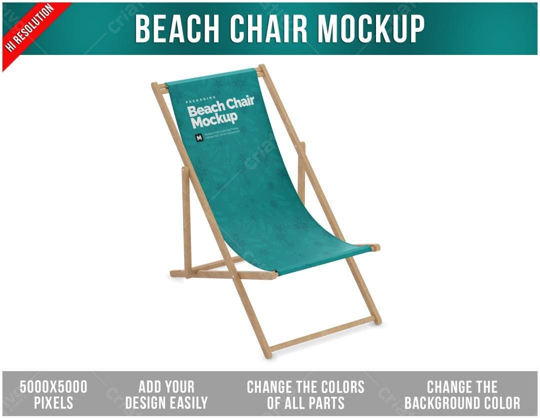 Mockup Cadeira de Praia: Design Realista em Madeira e Tecido Verde-Azulado
