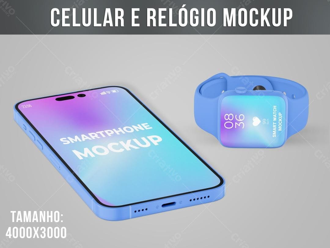 Mockup de Smartphone e Smartwatch Azuis em Estilo Minimalista
