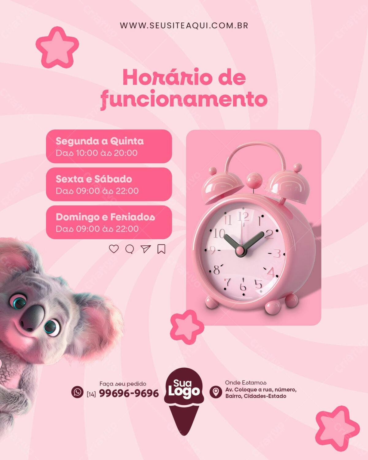 Post para Redes Sociais Horário de Funcionamento PSD Editável