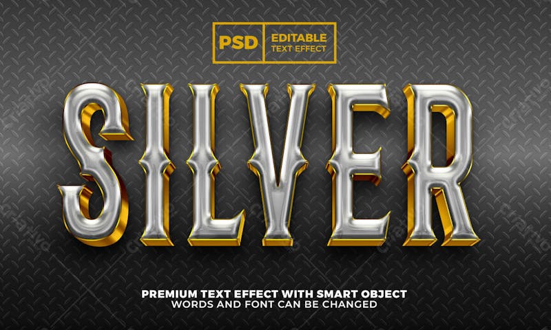 Estilo de efeito de texto editável em 3d de luxo em metal prata ouro
