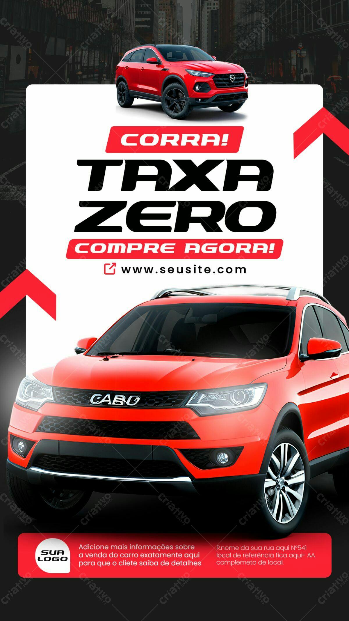 Flyer Promoção Taxa Zero Carro Vermelho PSD Editável