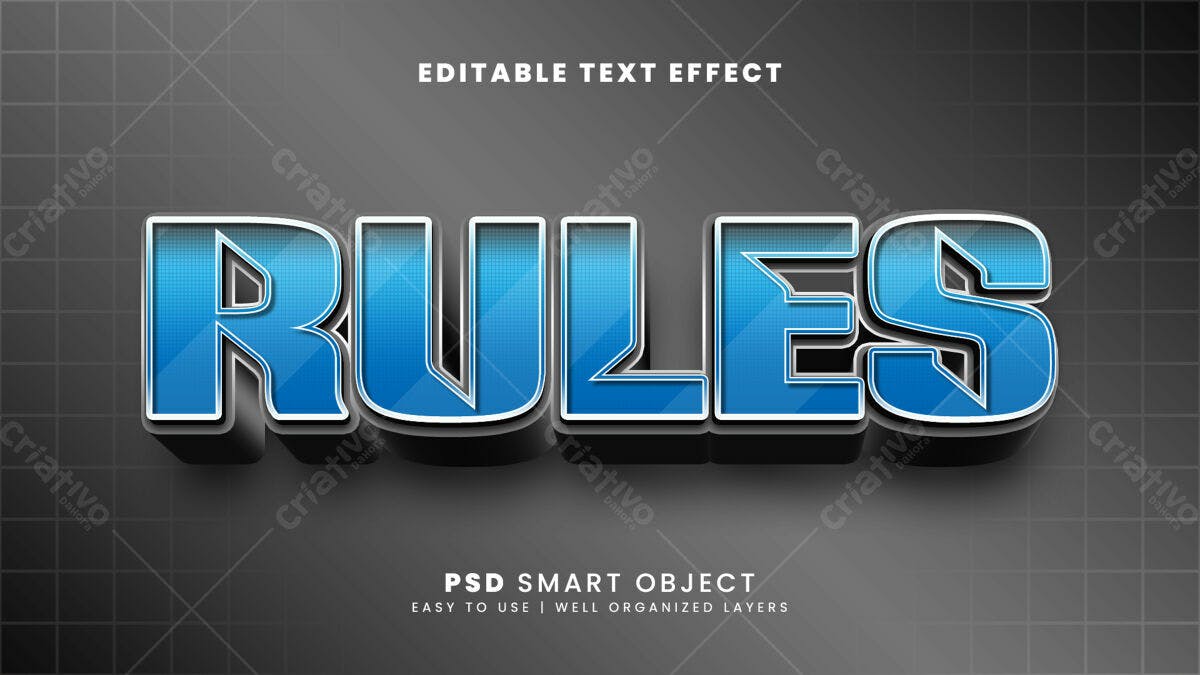Efeito de Texto 3D Azul para Regras PSD Editável
