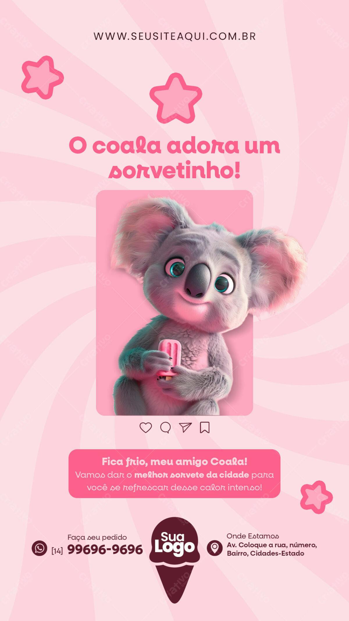 Post Instagram Sorveteria com Coala PSD Editável