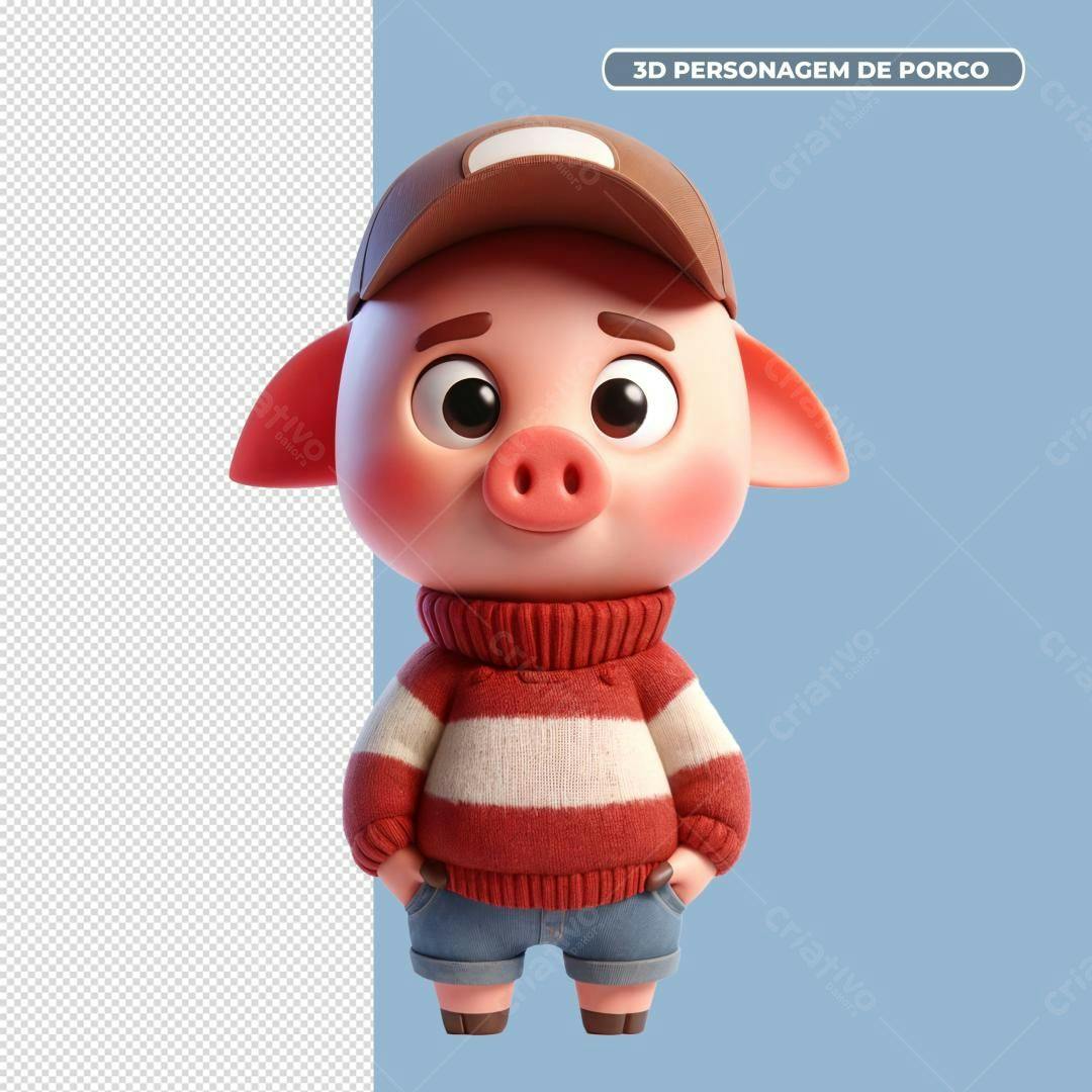 Personagem 3D Porco Estilo Cartoon PSD Editável