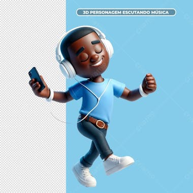 3d personagem menino escutando musica com celular na mao