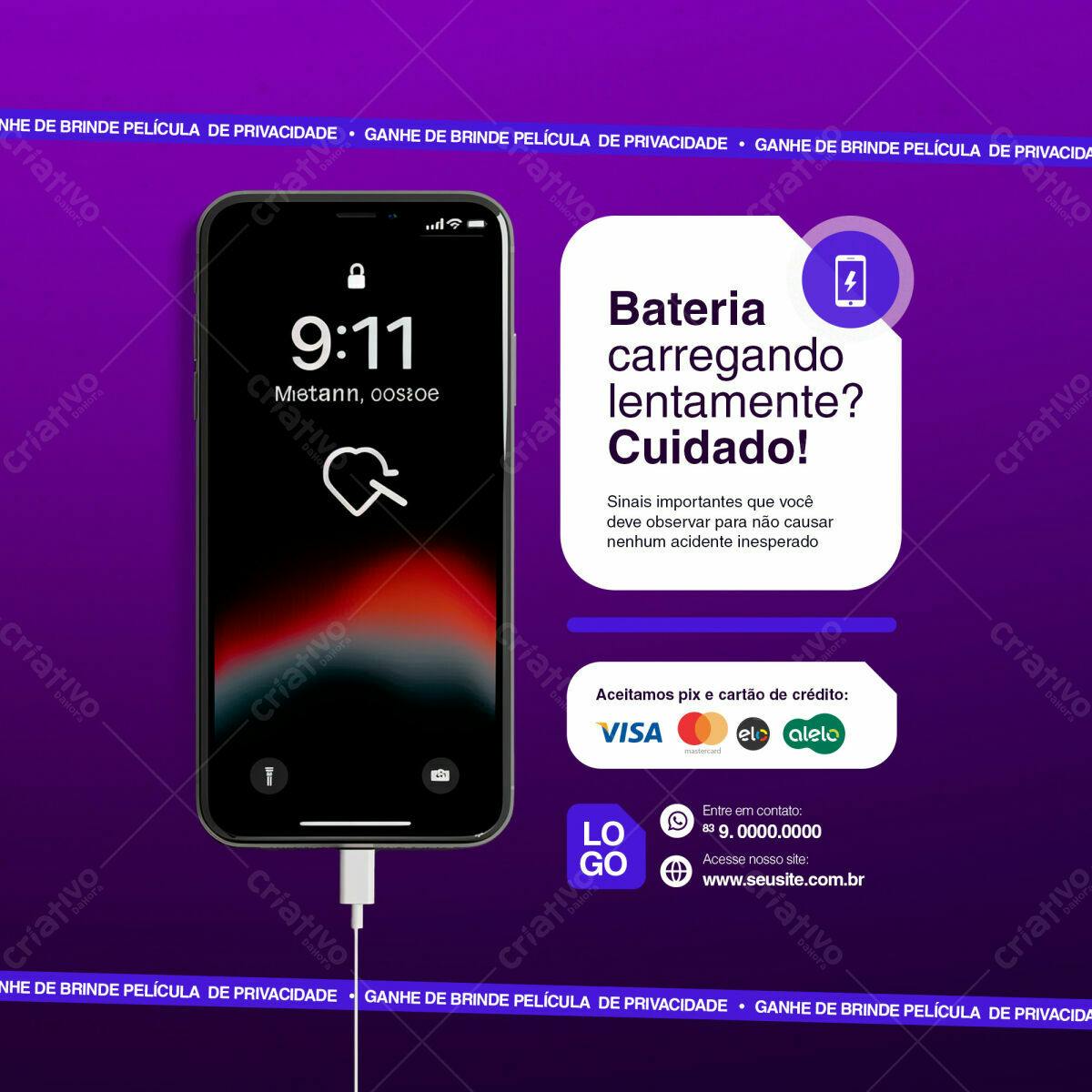 Post para Redes Sociais sobre Bateria de Celular PSD Editável