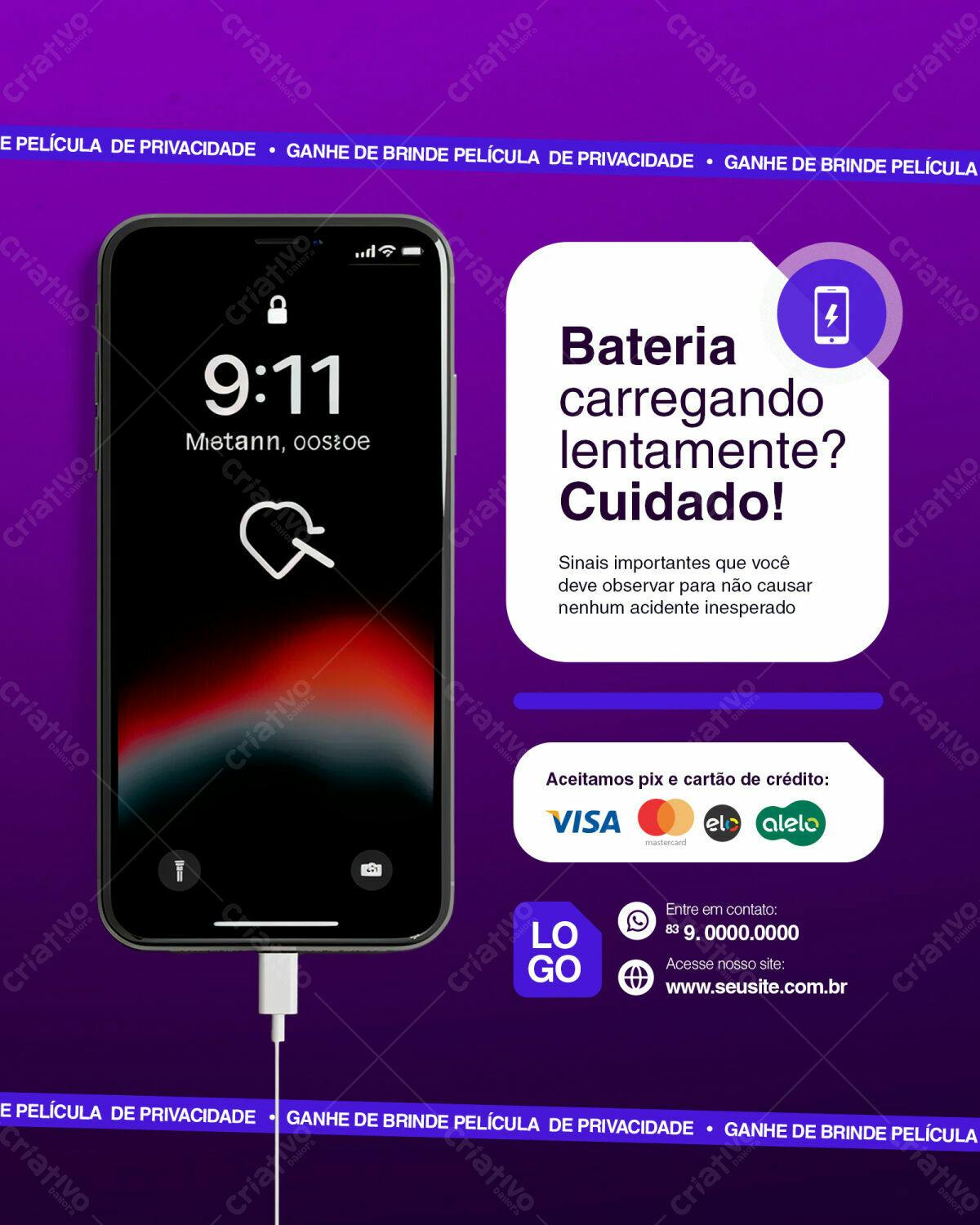 Post para Redes Sociais sobre Bateria de Celular PSD Editável